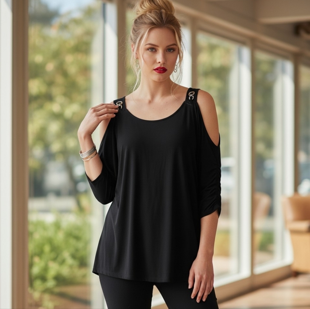 Chico's Easywear Black Cold Shoulder Top with Silver Hardware